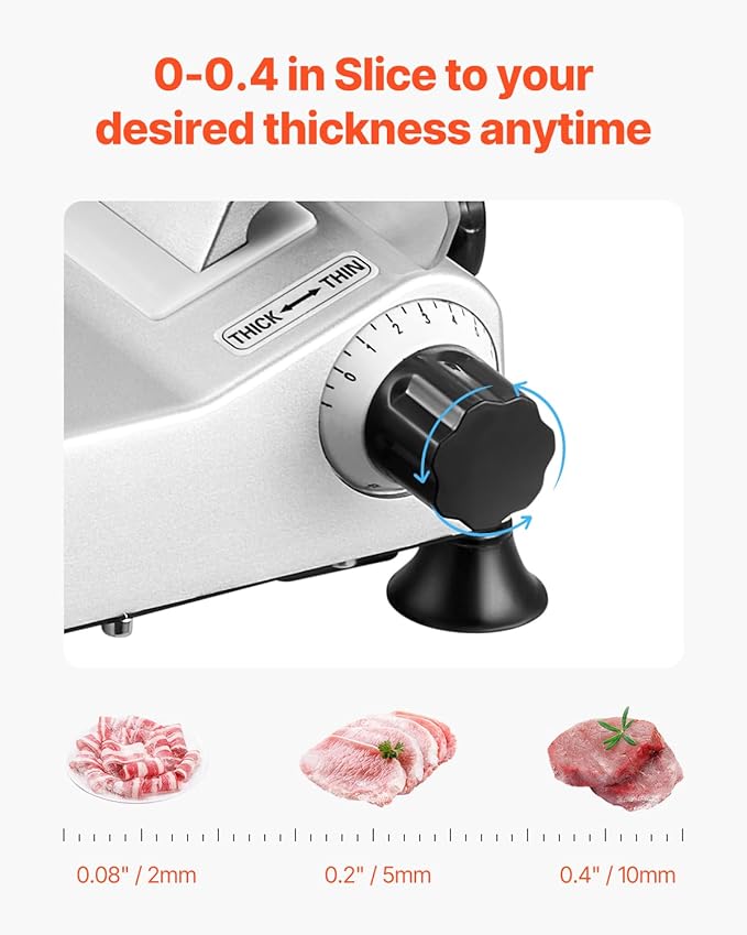 VEVOR Commercial Meat Slicer, 10 inch Electric Deli Food Slicer, 180W Meat Cutter with a Premium 65Mn Blade, 0-0.4 inch Adjustable Thickness, Food Slicer Machine for Meat Vegetables Hard Bread Cheese