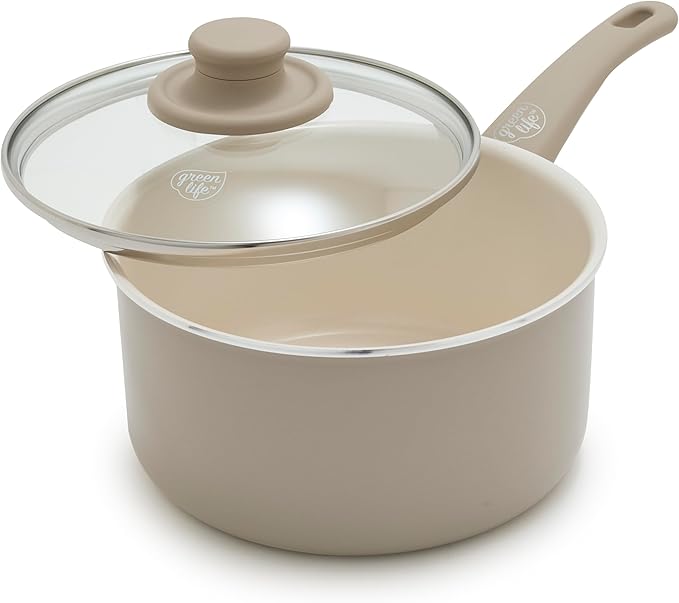 GreenLife 2 Quart Ceramic Nonstick Saucepan with Lid, PFAS-Free, Stay-Cool Handle, Multipurpose Kitchen Cooking Pot, Dishwasher & Oven Safe, Taupe