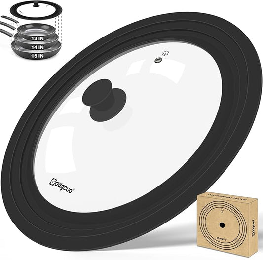 13-14-15 in Universal Pan Lid, Extra Large Silicone Pot Lid for Pots, Pans & Skillets, Replacement Frying Pan Lid with Heat Resistant Silicone Knob, Dishwasher Safe, Black