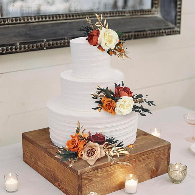 Rinlong 3Pcs Pre-made Cake Topper Cake Decorating Flowers for Cake Decor Boho Burnt Orange Fall Cake Flowers for Wedding Baptism Birthday Party Bridal Baby Shower