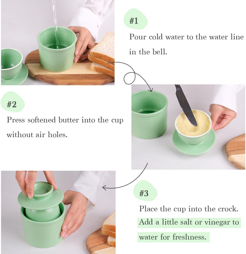 Ceramic Butter Crock with Lid, Countertop French Butter Keeper with Water Line for Spreadable Soft Butter, Matte Mint Green