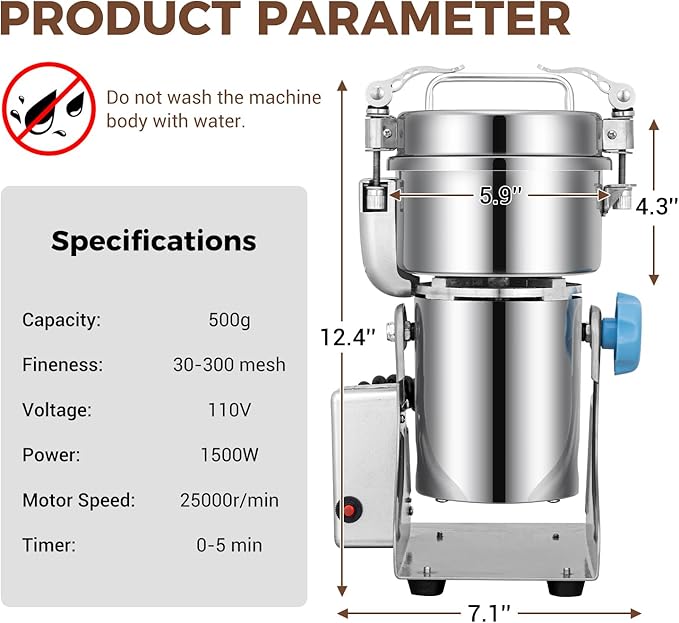Grain Mill 500g Commercial Spice Grinders Electric 1500W Stainless Steel Pulverizer Dry Grinder for Grinding Wheat, Oats, Corn, Pepper, and Coffee Beans – Grinder for Kitchen.