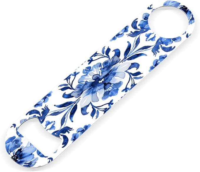 2 PACK Beer Bottle Opener, Stainless Steel Flat Bottle Openers,7 inch Metal Decor,Blue And White Hand-Painted Flower