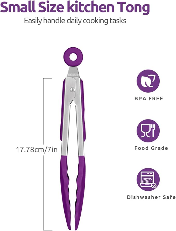600ºF Heat Resistant Kitchen Tong: U-Taste 7 inch Silicone Cooking Tong with Firm Sealed Non Stick Rubber Tips & Silicon Coated 18/8 Stainless Steel Handle & Smooth Locking for Serving Salad (Purple)