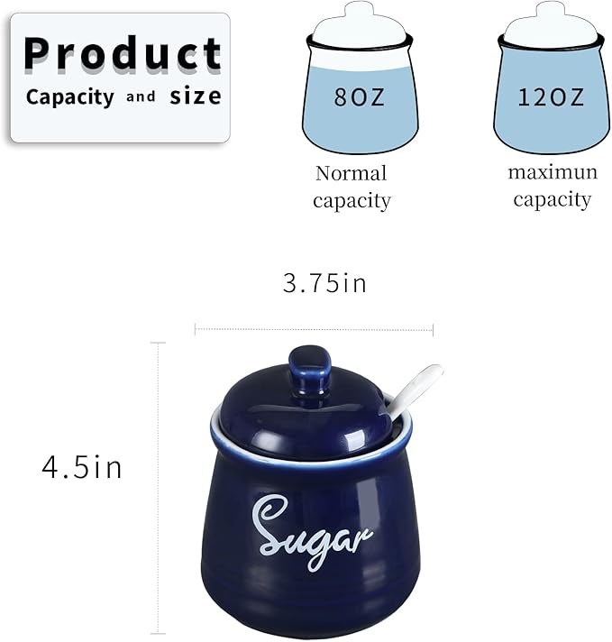 HAOTOP Farmhouse Porcelain Sugar Bowl with Lid and Spoon 12oz,Easy to Clean (Navy)