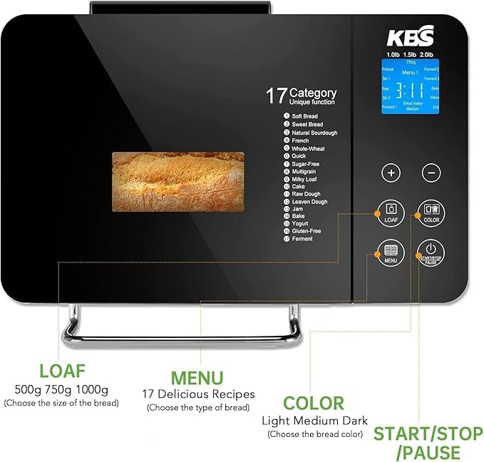 KBS Pro Stainless Steel Bread Machine, 2LB 17-in-1 Programmable XL Bread Maker with Fruit Nut Dispenser, Nonstick Ceramic Pan& Digital Touch Panel, 3 Loaf Sizes 3 Crust Colors, Reserve& Keep Warm Set