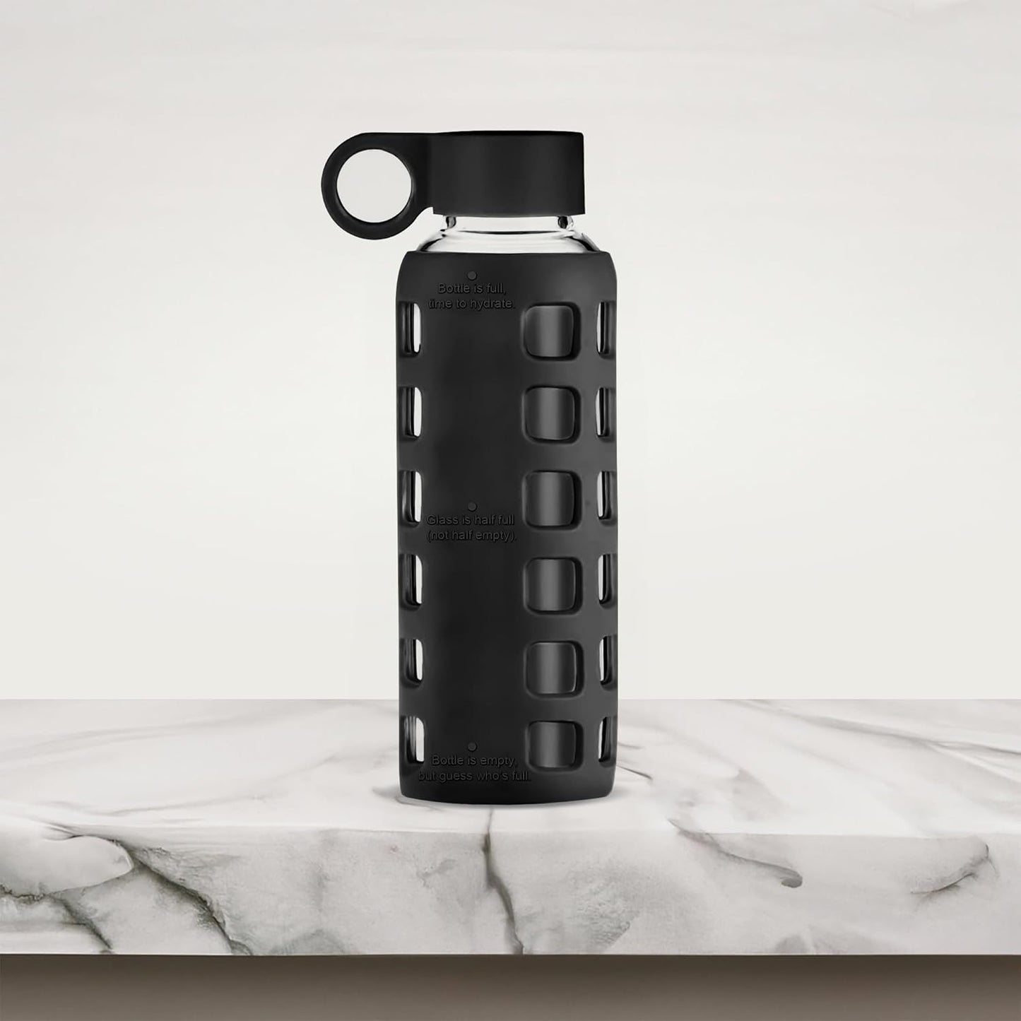 purifyou 40oz / 32oz / 22oz / 12oz Borosilicate Glass Water Bottle with Time & Volume Markers, Silicone Sleeve, Stainless Steel Lid – Reusable Glass Bottle for Water & Juice (12oz Jet Black)