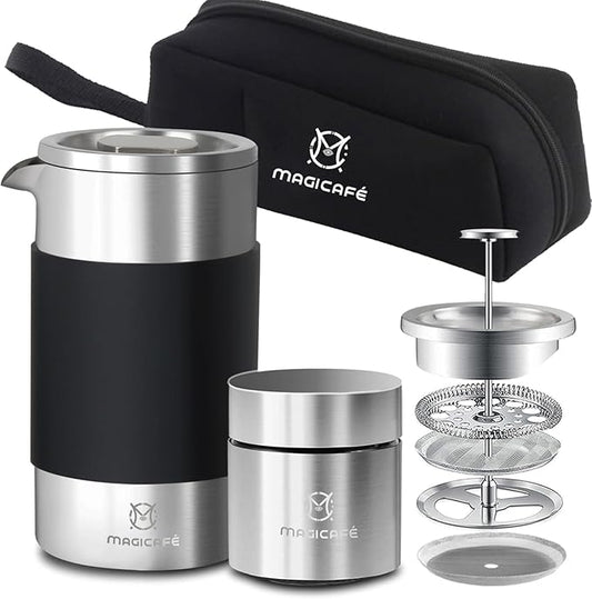 French Press Coffee Maker Set, Portable French Press with Mini Coffee Canister and Collection Bag, Single Serve 1 Cup Small Stainless Steel Double Walled Coffee Press 350ml/12oz