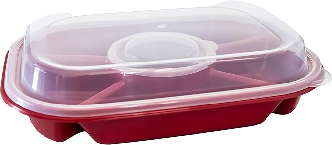 Buddeez Red Jumbo Divided Serving Tray - 6 Bins for Party Platter with Lid, Snackle Box Container, Appetizers, Desserts, Snacks & More