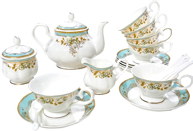 Bone China Tea Set, 21-Pieces Porcelain Tea Set for Adults, Tea Cups And Saucers for 6, with Teapot, Spoons, Sugar Bowl, Creamer Pitcher, Vintage Tea Set for Women Tea Party (Green)