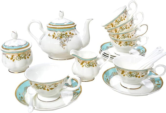 Bone China Tea Set, 21-Pieces Porcelain Tea Set for Adults, Tea Cups And Saucers for 6, with Teapot, Spoons, Sugar Bowl, Creamer Pitcher, Vintage Tea Set for Women Tea Party (Green)