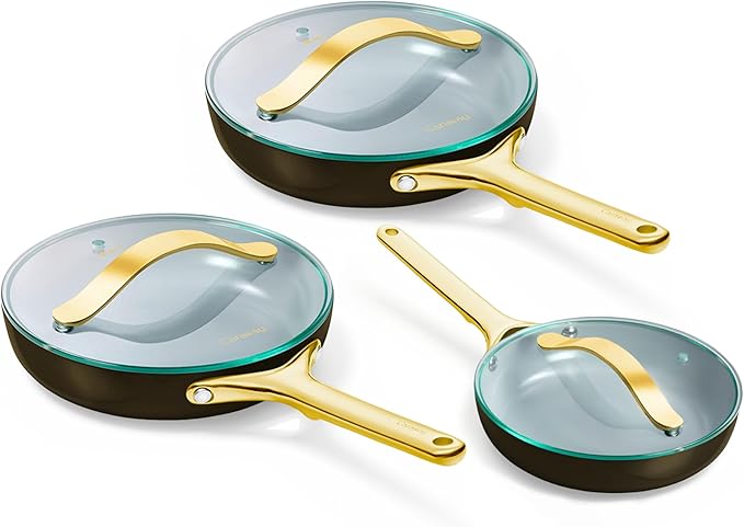 Caraway Ceramic Nonstick Fry Pan Set with Glass Lids – Includes Two 10.5” Fry Pans, One 8” Fry Pan, & Three Lids - Non Toxic, PTFE & PFOA Free - Oven Safe & Compatible with All Stovetops - Black