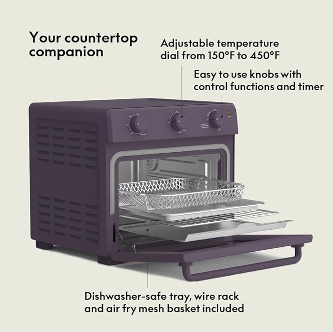 bella Air Fry Toaster Oven, 7 Preset Cooking Options, Dishwasher-Safe EverGood Coated Trays Included, 60-Minute Auto Shutoff w Audible Timer, Power Indicator Light, 1700 Watt, Plum