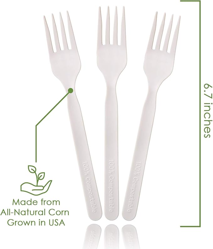 100% Compostable Forks - 500 Large Disposable Utensils (7 in.) Bulk Size Eco Friendly Durable and Heat Resistant Alternative to Plastic Forks with Convenient Tray