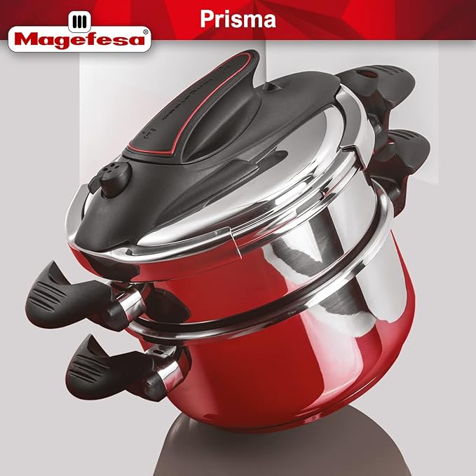 MAGEFESA Prisma Pressure Cooker, 4.2+6.3 Qt, 18/10 Stainless Steel, Easy Lock, Induction Compatible, 5 Safety Systems, 11.6 PSI