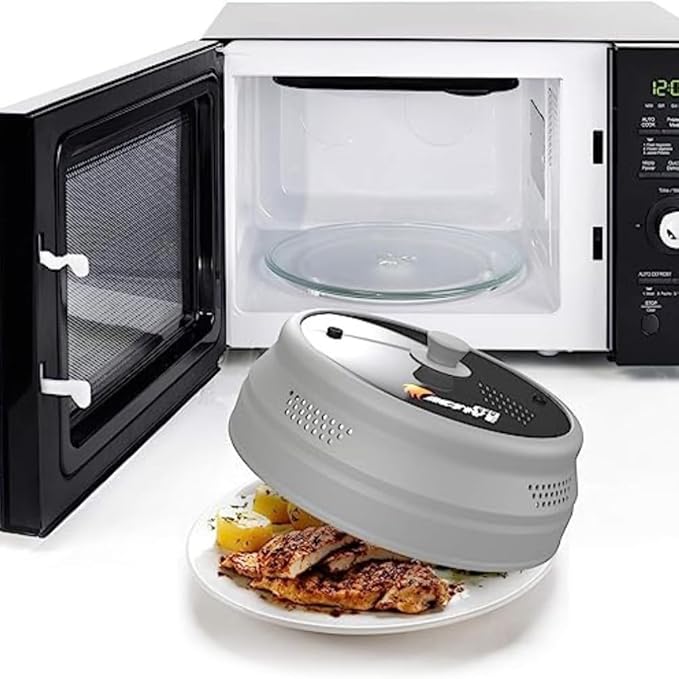 Collapsible Microwave Cover for Food - Silicone and Glass Splatter Guard Lid for 6-12 inch Plates & Bowls, Dishwasher Safe, Heat Resistant, BPA-Free, Gray
