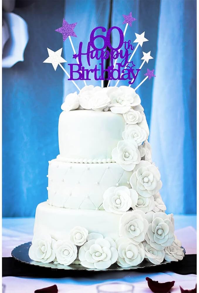 Glittery 60th Happy Birthday Cake Topper with Star,Personalised 60 Birthday Cake Toppers Party Decorations Party Supplies for Men Women Purple Silver