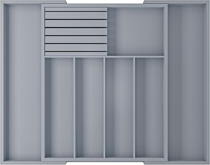 Large Utensil Drawer Organizer with Divider - Removable Kitchen Knife Holder Bamboo Adjustable Flatware Organizer for Drawer W12.8-20.2" x L16 x H2 (Grey)