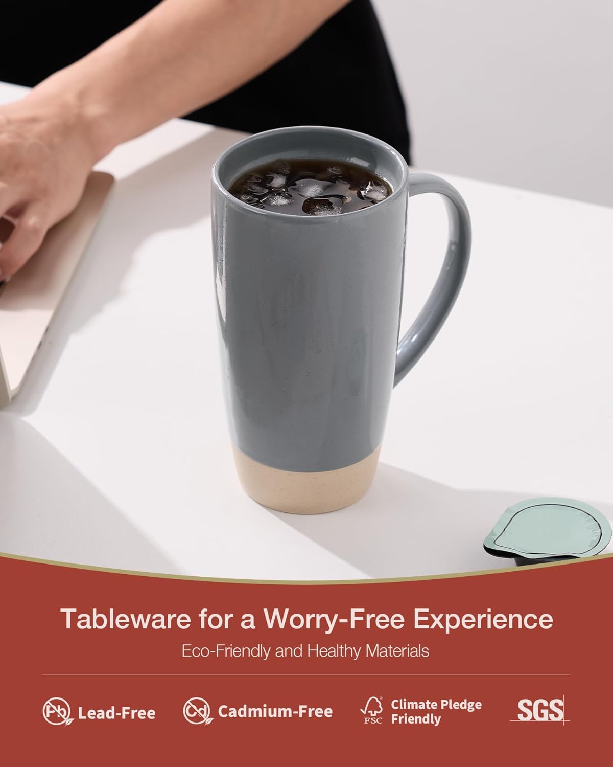 famiware Milkyway Coffee Mugs, 20oz Large Coffee Mug, Ceramic Mug Set of 2 with Lid, Cup Set with Handle for Latte, Tea, Cocoa, Milk, Home & Office, Light Gray and Dark Gray