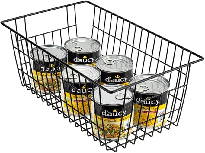 SANNO Freezer Wire Baskets, Refrigerator Freezer Baskets Wire Metal Storage Basket, Farmhouse Storage Organizer Bin for Pantry, Shelf, Kitchen, Cabinet, Bathroom Black 15.7" L x 7.9" Wx 5.9" H