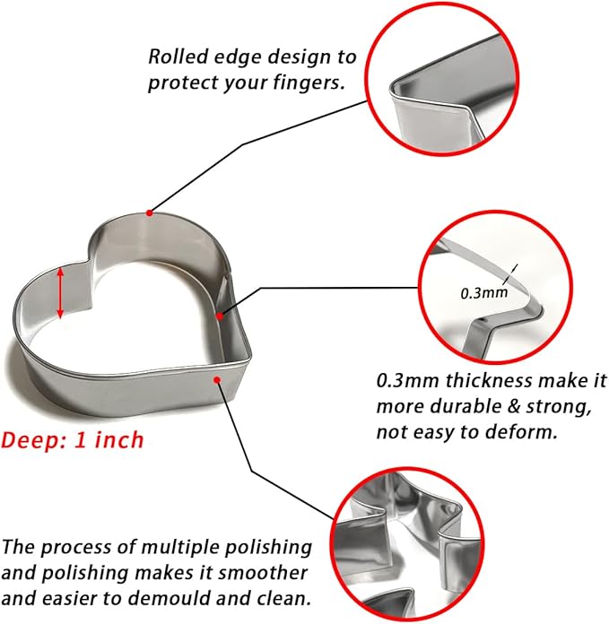 Heart Cookie Cutters Set 6Pcs, Stainless Steel Sturdy Metal Fondant Cookie Cutters Biscuit Mold Kitchen Accessories Tool, Valentine's Day Holiday Birthday Family Party