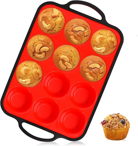 FUNBAKY Silicone Muffin Pan for Baking, Metal Reinforced Frame Muffin Pan Nonstick 12 Cups for Oven Baking Easy to Handle BPA Free