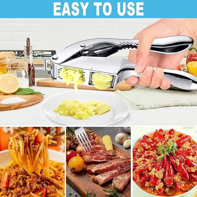 Garlic Press and Slicer 2 in 1, Rust Proof & Dishwasher Safe Professional Garlic Mincer Tool, Effortlessly Crush and Mince Garlic with this Ergonomic Handle-Garlic Peeler & Brush ANCQMI(Pear white)