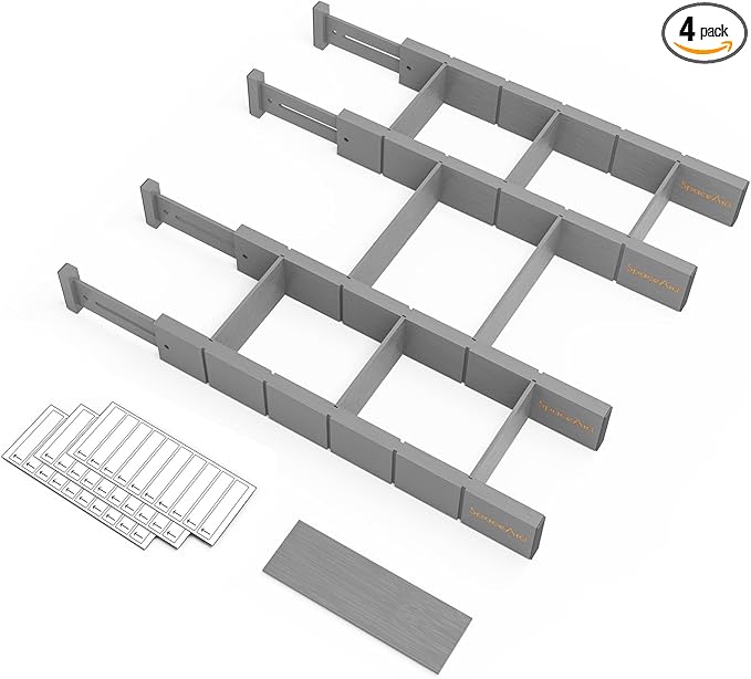 SpaceAid Bamboo Drawer Dividers with Inserts and Labels, Kitchen Adjustable Drawer Organizers, Expandable Organization for Home, Office, Dressers, 4 Dividers with 9 Inserts (17"-22" Gray)
