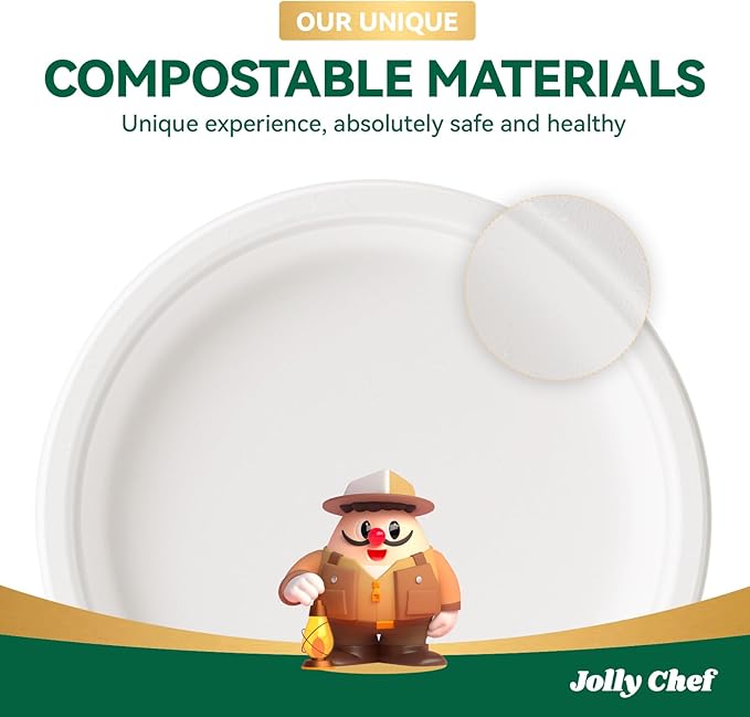 JOLLY CHEF Compostable Heavy Duty Plates 𝟭𝟬 𝗜𝗻𝗰𝗵 [𝟭𝟮𝟱 𝗣𝗮𝗰𝗸] Eco-Friendly Disposable White Paper Plates Made of Bagasse Biodegradable Bulk for Party Dinner Sugarcane Fibers Round 125 Count