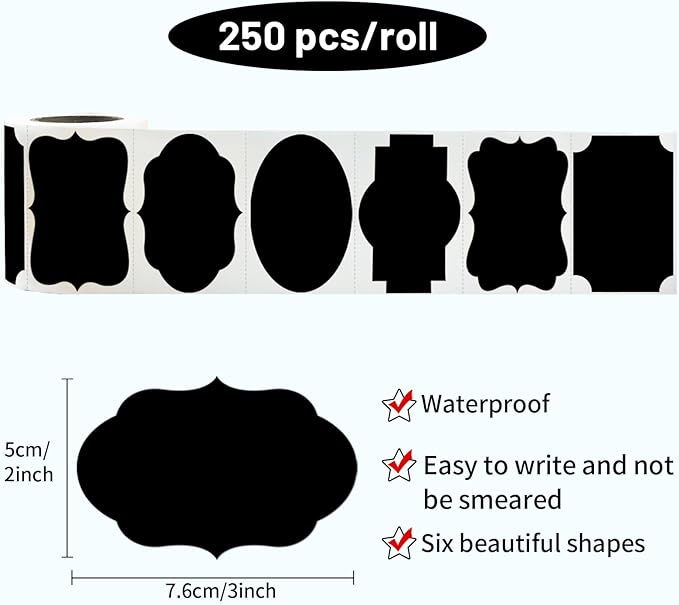 Black Labels Stickers, 250 PCS 3" x 2" Fancy Shape Sticker for Storage Box or Food Jars Holiday Present Christmas Gift Tags