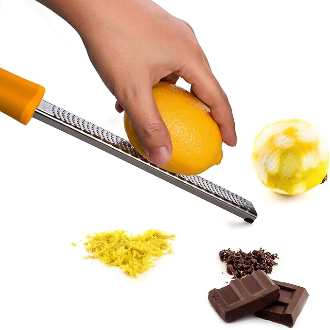 Lemon Zester, Stainless Steel Kitchen Cheese Grater, Plastic Cover Ergonomic Soft Orange Handle