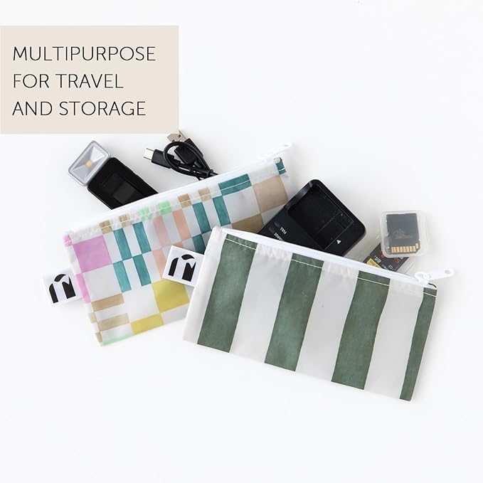 Roamio Reusable Sandwich and Snack Bags, for Kids School Lunch and for Adults Portion, Washable Fabric, Waterproof Cloth Zip Bag, Pack Travel Pouch, Food-Safe, 4-pack Set Green Stripe and Multi Check