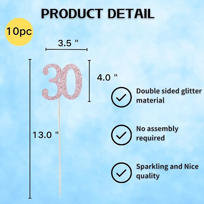 10-Pack Double Sided Glitter 30th Birthday Centerpiece Anniversary Centerpiece Sticks, Number 30 Table Topper Cake Topper for 30th Birthday Anniversary Table Party Decorations (Double Sided rose gold)
