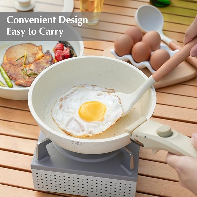 KOCH SYSTEME CS 17 PCS Pots and Pans Set, Nonstick Cookware Set Detachable Handle, Induction Kitchen Cookware Sets Non Stick with Removable Handle, RV cookware set, White