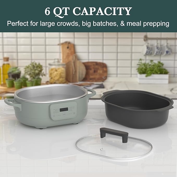 MAGNIFIQUE 6 Quart Multi-Cooker, with 8-in-1 Casserole Programmable Slow Cooker, Dutch Oven, Pasta, Nonstick, Oven Safe Pot to 500°F Olive Olive