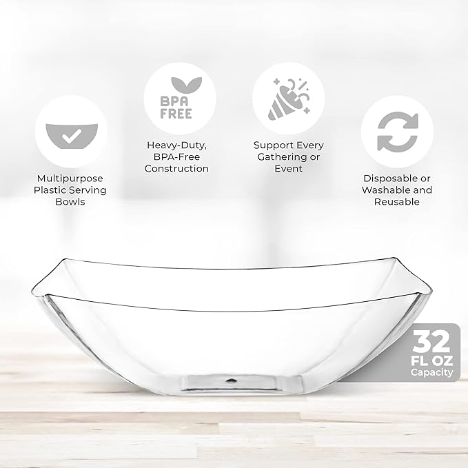 Posh Setting - Clear Plastic Serving Bowls for Party (32oz - 4 Pack) Square, Disposable, Salad & Fruit Bowls for Party Table, Candy Containers for Candy Buffet