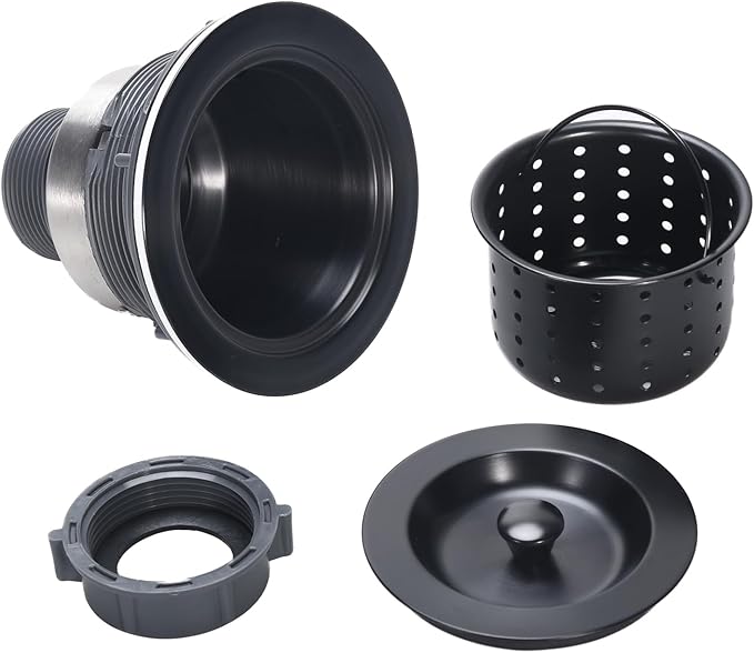 Kitchen Sink Drain 3-1/2 Inch Black Sink Drain Assembly Kit, Removable Deep Sink Strainer Basket with Sink Stopper/Sealing Lid for Home, Kitchen, Stainless Steel