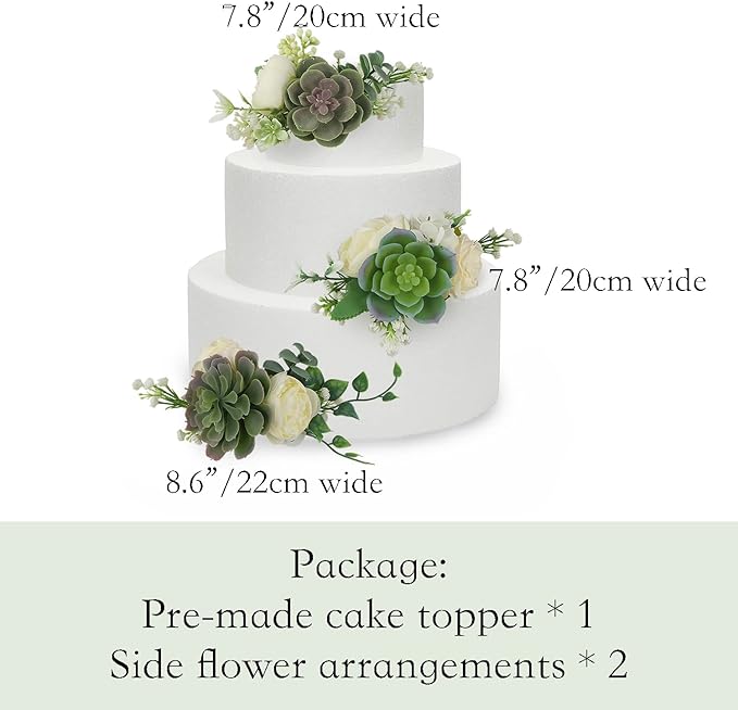 Rinlong Pre-made 3Pcs Faux Succulent Cake Decorating Flowers Cake Toppers Green Cake Decorations Wedding Birthday Baby Shower Spring Cake Decor Topper