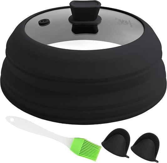 Microwave Splatter Cover Glass Microwave Cover for Food Collapsible Splatter Guard Lid with Silicone Handle for Pot Plate Bowl 10.5 Inch Black