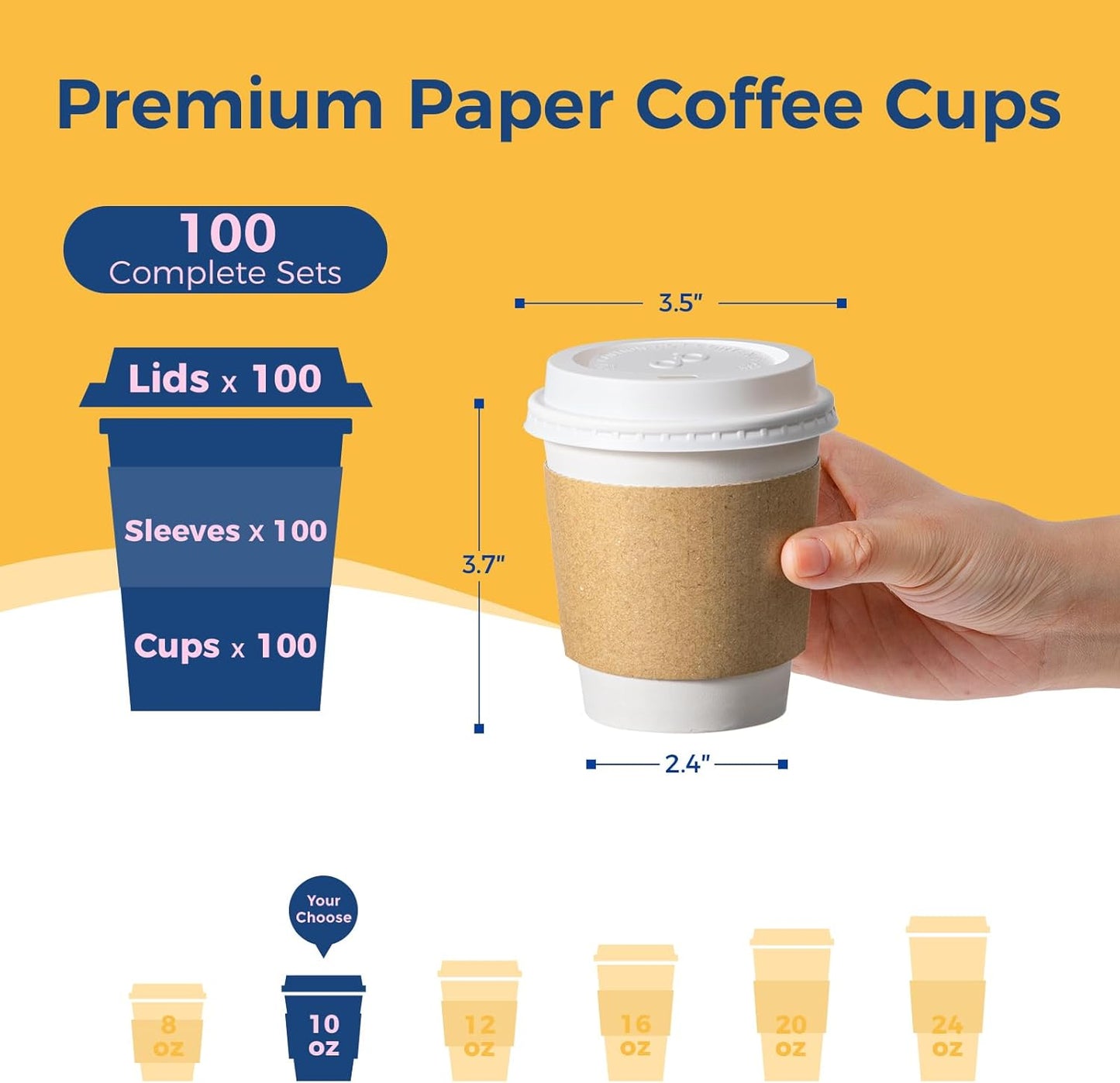 Fit Meal Prep 100 Pack 10 oz Disposable Coffee Cups with Lids, Sleeves, Leak-Proof To Go Coffee Cups with Lids, Durable Hot Paper Cups for Home, Office, Party, Business