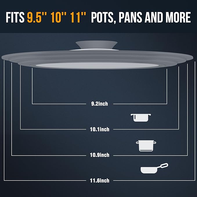 Universal Lid for Pots, Pans and Skillets - Walfos Tempered Glass Pan Lid with Heat Resistant Silicone Rim, BPA Free Large Pot Lids Fits 9.5", 10" and 11" Diameter Cookware, Dishwasher-Safe, Grey