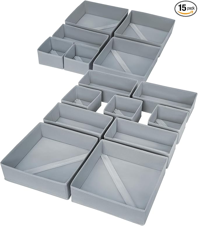 DIMJ Drawer Organizer Clothes, 15 Pack Underwear Organizer, Foldable Closet Bins, Sock Organizer Bra Cube, Fabric Dresser Box for Clothes, Bra, Socks, Tie (Grey)