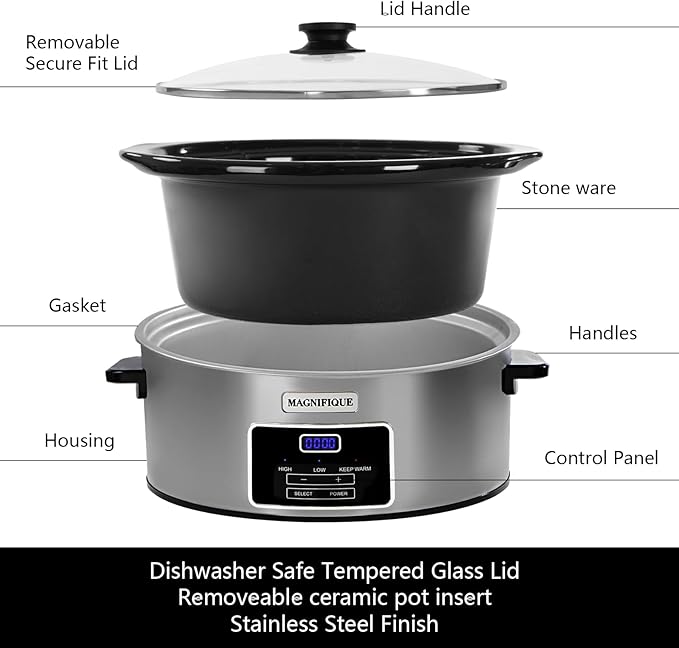 8-Quart Digital Programmable Slow Cooker with Timer - Small Kitchen Appliance for Family Dinners - Serves 10+ People - Heat Settings: Keep Warm, Low and High