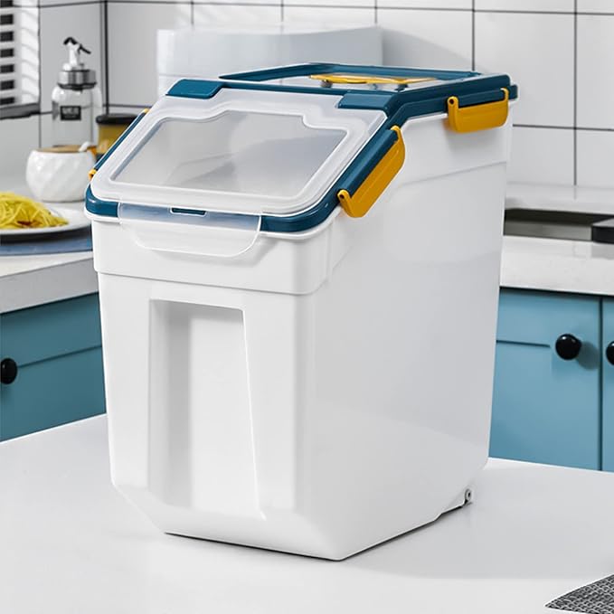 PENCK Large Flour Storage Container 25lbs, 2 Pack Airtight Rice Dispenser, BPA Free Plastic Cereal Grain Organizer Dog Cat Food Bin with Measuring Cup&Scoop for Kitchen Counter Top(Blue)