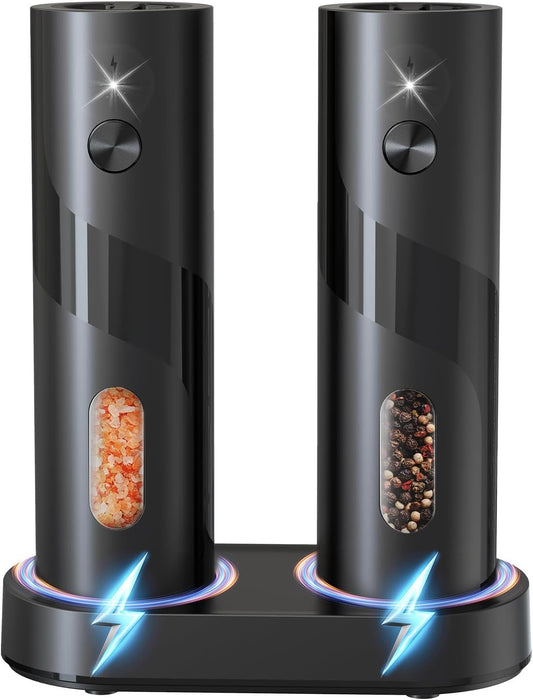 Electric Salt and Pepper Grinder Set with Charging Base，Matte Automatic Pepper Grinder Set Top-Refill, Flexible Coarsenes, 110ml Larger Capacity with LED Light for Home Kitchen (2 pack)