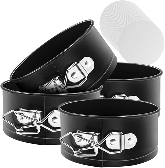 Springform Pan Set, 4-Inch Mini Cake Pan 4 Pack with 50 Pcs Parchment Paper Liners, Nonstick Leakproof for Mini Cheesecakes, Pizzas and Quiches