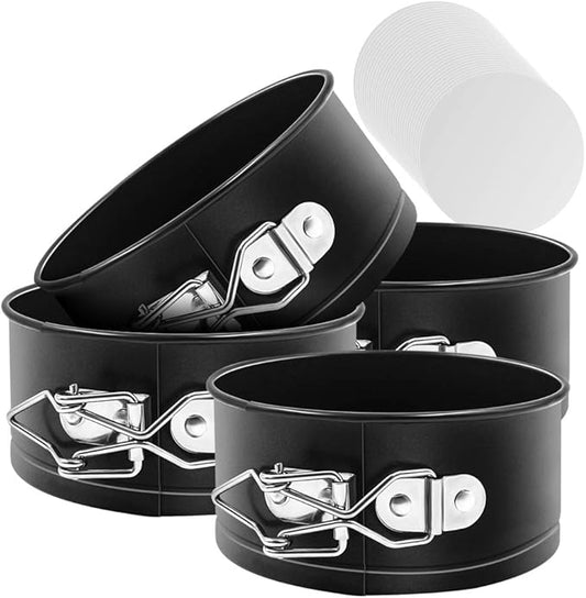 Springform Pan Set, 4-Inch Mini Cake Pan 4 Pack with 50 Pcs Parchment Paper Liners, Nonstick Leakproof for Mini Cheesecakes, Pizzas and Quiches