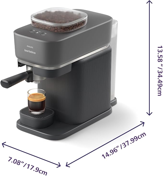 Philips Baristina Espresso Machine, Grind, Tamp & Brew Coffee Beans in One Swipe, Compact, 16 Bar Pump Pressure, Automatic Grinder, Black with Black Portafilter (BAR300/60)