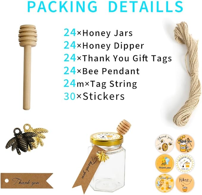 24 Pack 4oz Glass Hexagon Honey Jars Golden Lids - Extra Wooden Honey Dipper Sticks, Bee Charms, Tag String, Thank You Gift Tags, Stickers (Golden 24 Stickers)