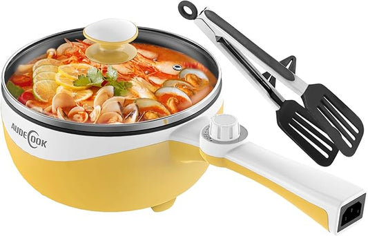 Audecook Hot Pot Electric, 1.7L Mini Electric Skillet Portable Nonstick Sauté Pan with Power Adjustment, Rapid Noodles Cooker Travel Multicooker for Steak/Soup/Egg/Oatmeal/Noodles